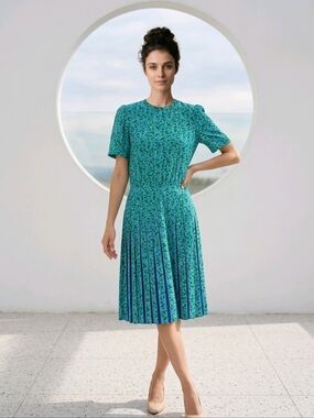 Petites for Maggy Vintage Green and Blue Floral Dress Pleated Skirt